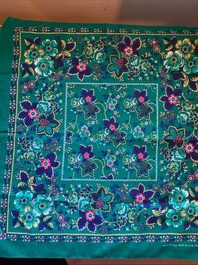 Vintage Floral Green Navy Cotton Bandana Scarf 20 X 21